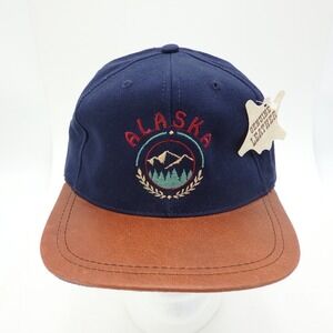 Vintage Alaska Strap Back Leather Brim Cap Hat Blue Brown NWT VTG USA‎ Made